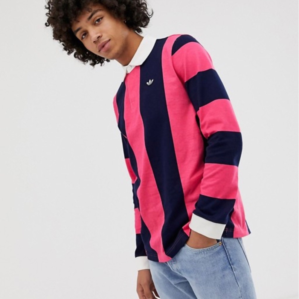 Adidas Originals Rugby Polo in Pink Navy Stripe